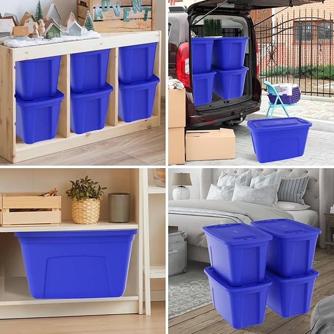 Storage Totes with Lids - Made in USA 18-Gallon (72-Quart) 4-Pack storage bins with lids plastic storage containers large storage boxes for Organizer Blue/Blue