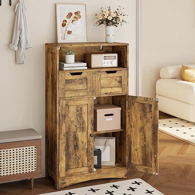 Gizoon Storage Cabinet, Bathroom Cabinet with 2 Drawers and Adjustable Shelves, Freestanding Storage Organizer with Doors for Bathroom, Living Room, Kitchen, Home Office, Hallway