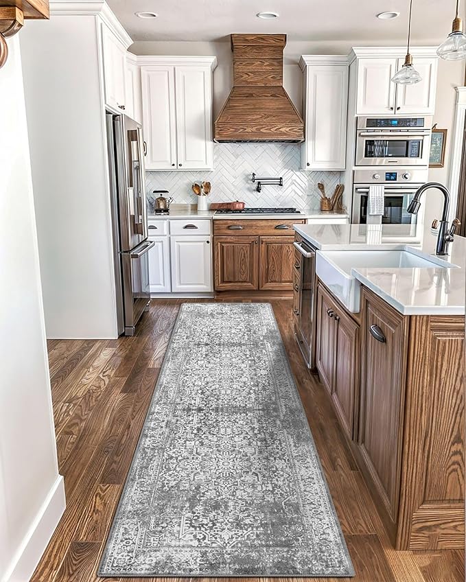 vivorug Grey Runner Rug 2x10 Machine Washable Rug with Non-Slip Backing, Ideal for Kitchen Hallway Entryway Laundry Room - Vintage, Durable, Easy Clean, Low Pile Carpet Runner