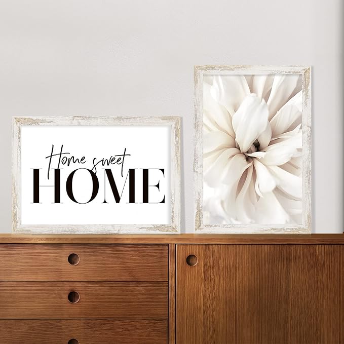 12x18 Frame Set of 2, Distressed White Wood Style, Display 12 x 18 Poster without Mat or 8.5x11 Picture with Mat, Wall Mounting Horizontal and Vertical