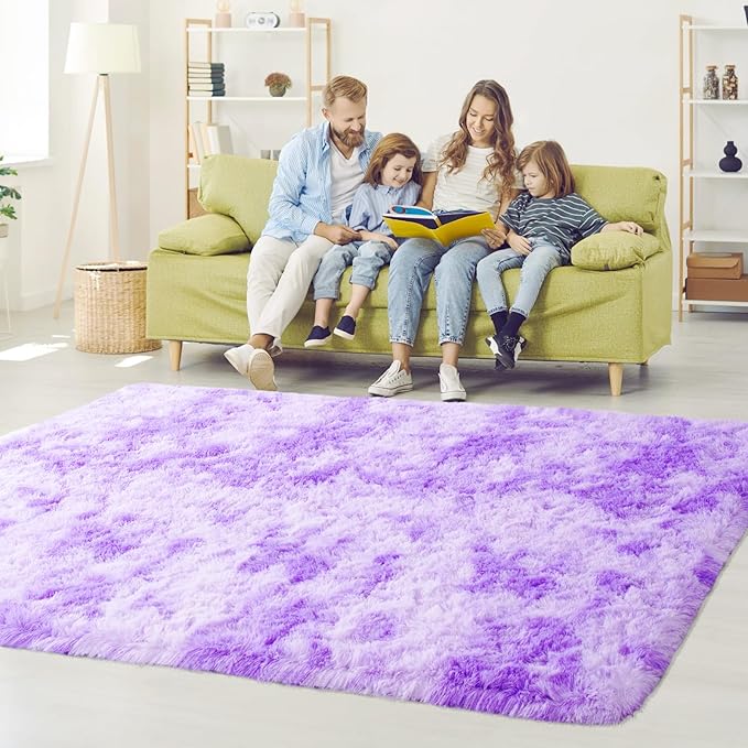 6x9 Tie Dyed Purple Large Plush Area Rugs for Living Room, Shag Fuzzy Rug for Bedroom, Ultra Soft Fluffy Furry Carpets for Kids Room, Indoor Carpet Nursery Rugs for Kids Room Home Decor