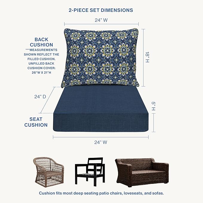 Honeycomb Outdoor Essentials Deep Seat, 24 x 24, Medina Medallion Blue Chair Cushion for Patio Furniture