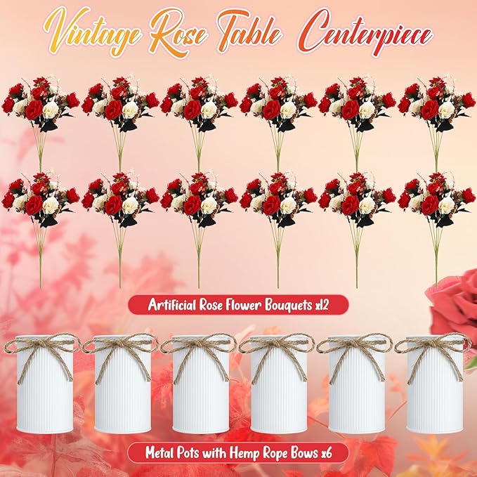 Domensi 6 Sets Wedding Centerpiece for Table Artificial Rose with Vase Fake Bouquets and Metal Pot Floral Arrangements for Holiday Party Event Table Decor (Red)