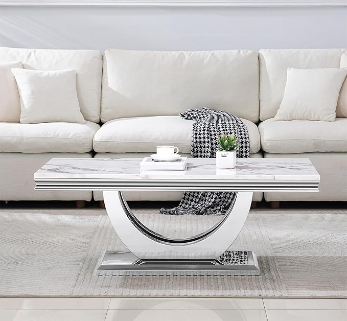 SSLine Rectangular Faux Marble Coffee Table for Living Room Modern Luxury White Marble Center Table with Silver Dual U-Shape Base 46.8" Mid-Century Cocktail Table with Mirrored Stainless Steel Frame