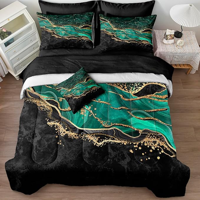 Black Gold Comforter 8 Pieces Queen Bed in a Bag, Emerald Green Marble Bed Set with Comforter, Fitted Sheet, Flat Sheet, Matching Pillowcases, Abstract Bedding Set for All Season