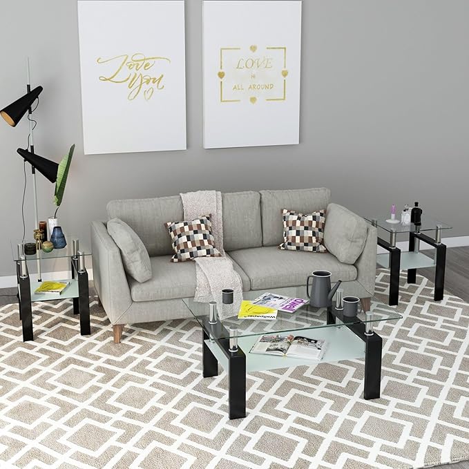 IANIYA 3 Piece Living Room Table Set, Modern Tempered Glass Coffee Table Set, Glass Coffee Table Black Metal Frame End Table for Living Room Apartment Small Space, Clear