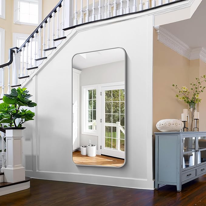 FORBATH 30x60 Inch Silver Bathroom Mirror for Over Sink, Large Rectangular Wall Mirror with Metal Frame, Rounded Corners for Bathroom, Bedroom, Entryway Decor (Horizontal or Vertical)