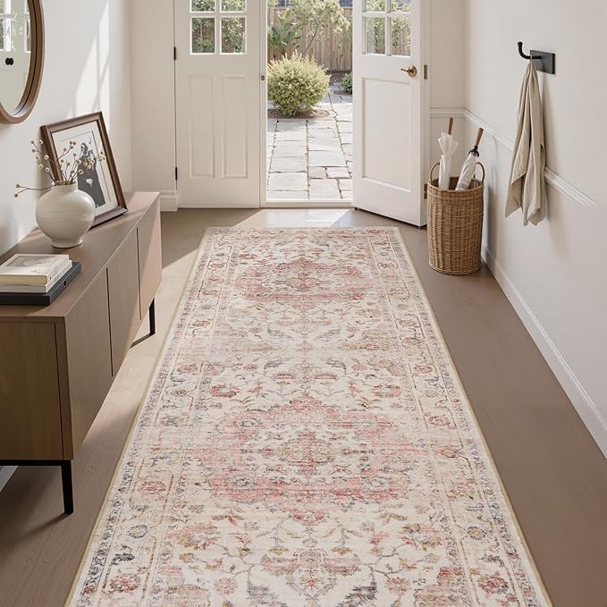 PADOOR-Vintage Runner Rug 2X10 Runners for Hallways-Soft Pink Washable Bedside Rugs for Bedroom-Non Slip Long Rug for Hallways Entryway Laundry Room Stair Kitchen Bathroom