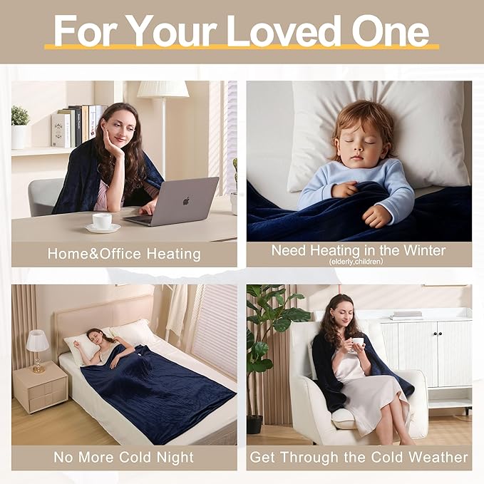 Gintao Electric Heated Blanket Throw,Double Flannel Electric Throw with 3 Heating Levels,ETL&FCC Certified, 4H Auto Off Overheat Protection,Heating Blanket for Home Office,Gifts,50"x60",Blue