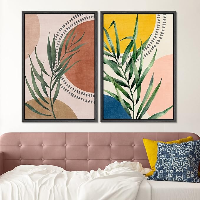 SIGNFORD Framed Canvas Print Wall Art Set Geometric Mid-Century Circle Plants Abstract Shapes Illustrations Modern Art Decorative Zen Bohemian for Living Room, Bedroom, Office - 24"x36"x2 Black