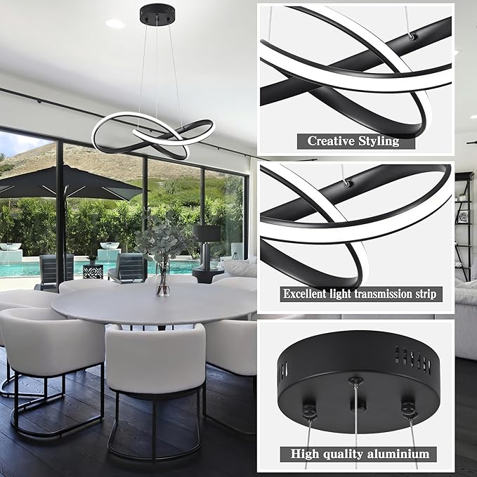 LED Chandelier Modern Pendant Light Contemporary Chandelier Ring Light Fixture Black with 3000K-6000K Dimmable Remote Control and 79in Height Adjustable for Dining Room Bedroom Living Room