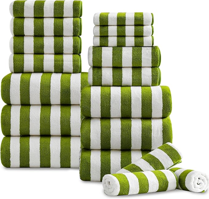 18 Pcs Green Cabana Stripe Family Towels Set with Hanging Loop-6 Bath Sheets,6 Hand Towels,6 Washcloths Ultra Soft Bathroom Towel Highly Absorbent Quick Dry Shower Towel for Beach Chair,Spa,Gym,Hotel