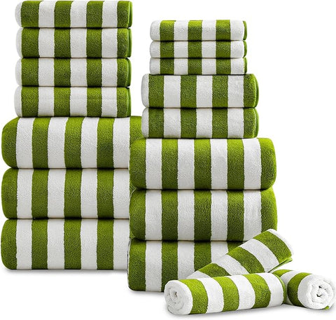 18 Pcs Green Cabana Stripe Family Towels Set with Hanging Loop-6 Bath Sheets,6 Hand Towels,6 Washcloths Ultra Soft Bathroom Towel Highly Absorbent Quick Dry Shower Towel for Beach Chair,Spa,Gym,Hotel