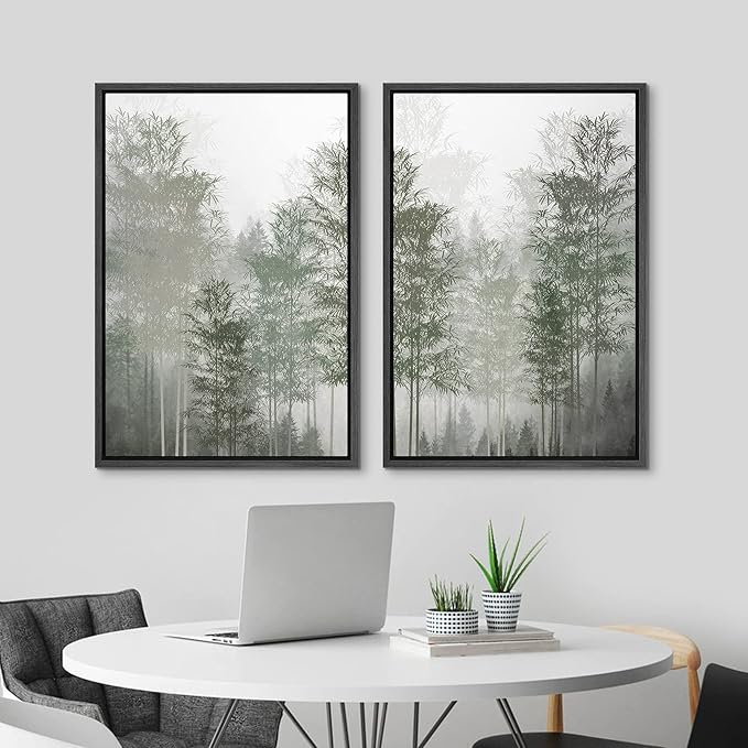 MUDECOR Framed Canvas Print Wall Art Pastel Watercolor Misty Fog Forest Tree Wilderness Nature Illustrations Modern Art Decorative Calm/Relax Multicolor Rustic Minimal for Bedroom - 16"x24"x2 Black