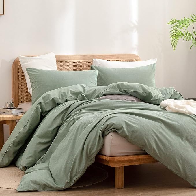 BESTOUCH Duvet Cover Set 100% Washed Cotton Linen Feel Super Soft Comfortable Chic Lightweight 3 PCs Home Bedding Set Solid Green Super King Plus
