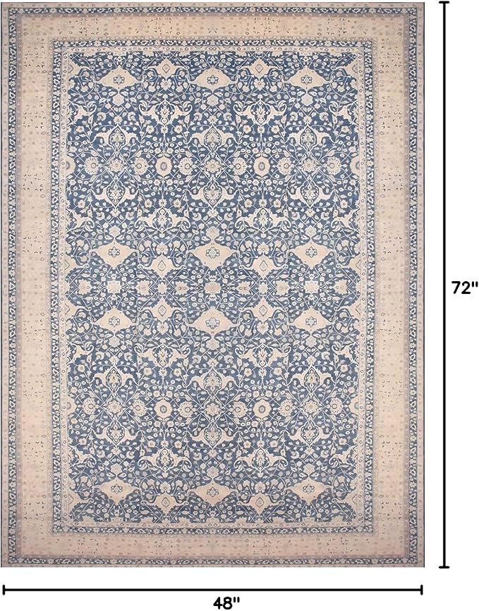 vivorug 4x6 Rug, Small Area Rug for Living Room, Bedroom, Kitchen, Machine Washable Non-Slip Throw Rug, Vintage Floral Carpet for Entryway Nursery Dinner Room - Durable (Blue)