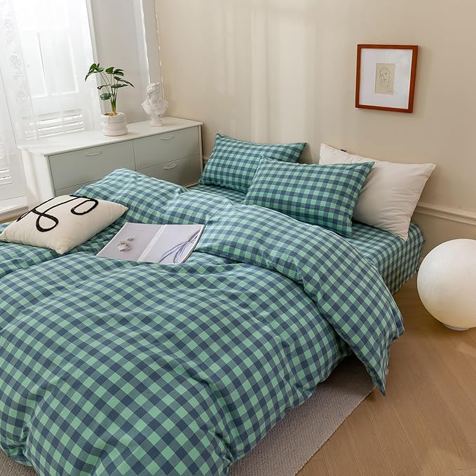 VM VOUGEMARKET Green Plaid Bedding Set Queen 3 Pieces Denim Blue Checkered Duvet Cover with Zipper Ties 2 Pillowcases 100% Washed Cotton Luxury Soft Breathable Durable
