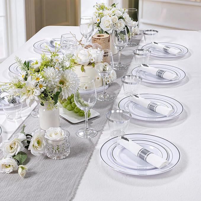 DaYammi 350PCS Silver Plastic Dinnerware Set for 50 Guests, Fancy Disposable Plates for Party, Include: 50 Dinner Plates, 50 Dessert Plates, 50 Pre Rolled Napkins with Silver Silverware, 50 Cups