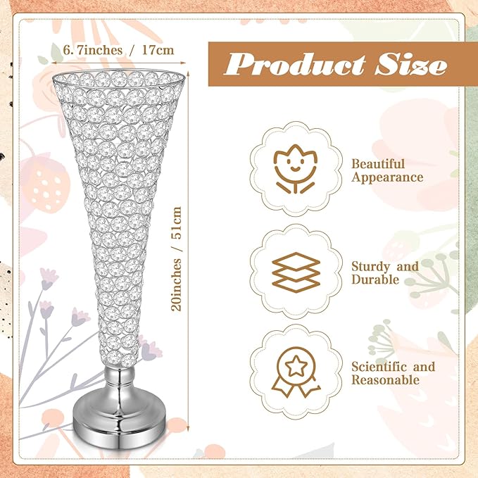 Rtteri 4 Pcs 20 Inch Tall Crystal Vase for Centerpieces Wedding Metal Crystal Trumpet Flower Vase Stand for Table Floor Wedding Party Favor Banquet Celebration, Classic Elegance (Silver)