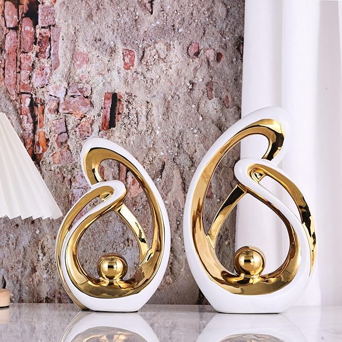 Home Decor Accent,Porcelain Art Mid Century Bookshelf Decorations,Gold Centerpieces for Tables,Abstract Ceramic Statue Sculpture for Coffee Table Mantel Tv Stand Centerpieces (White Gold, Large)