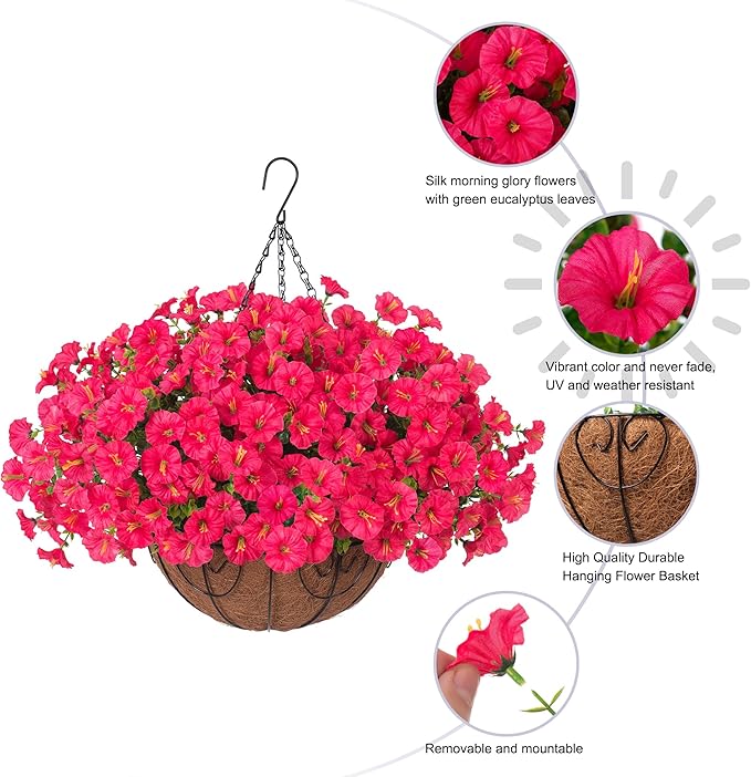 Ivydale Artificial Fake Hanging Flowers Plants in Basket for Outdoor Decoration, 12 Pcs Faux Morning Glory in Planter Realistic UV Resistant Silk Flowers for Home Porch Patio Balcony Yard Outside