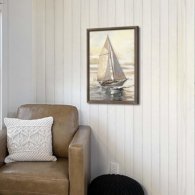 Seascape Sailing Framed Wall Art - Nautical Boat Painting Coastal Sailboat Artwork Sunset Ocean Picture Beach Prints Wooden Decor for Bathroom