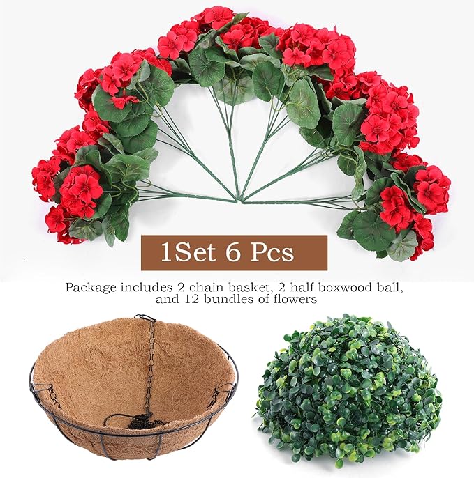 Hananona 2 Set Artificial Outdoor Geraniums Flowers with Hanging Basket, 2 Hanging Planters with 12 Pcs Red Geranium Flowers for Spring Summer Front Porch Garden Patio Home Decor (2, Red)