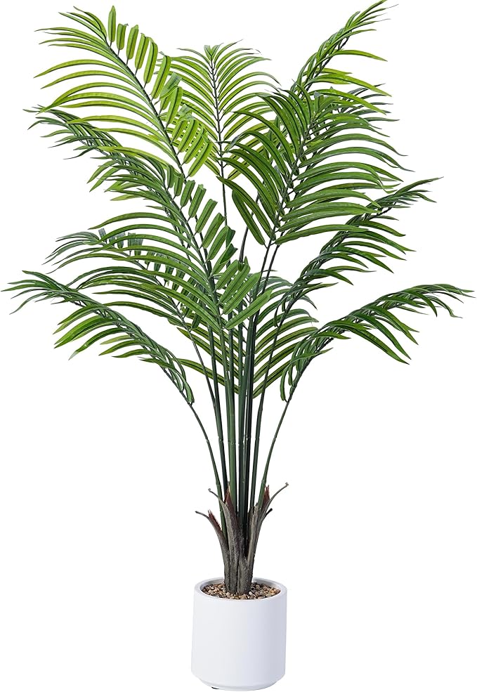 Artificial Areca Palm Tree 5FT Fake Potted Plant Faux Silk Tropical Areca Palm with 15 Trunks & Real Bark Design, Large Aritificial Plant in White Pot for Home Living Room House Warmming Floor Decor