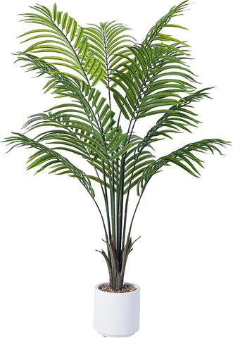 Artificial Areca Palm Tree 5FT Fake Potted Plant Faux Silk Tropical Areca Palm with 15 Trunks & Real Bark Design, Large Aritificial Plant in White Pot for Home Living Room House Warmming Floor Decor