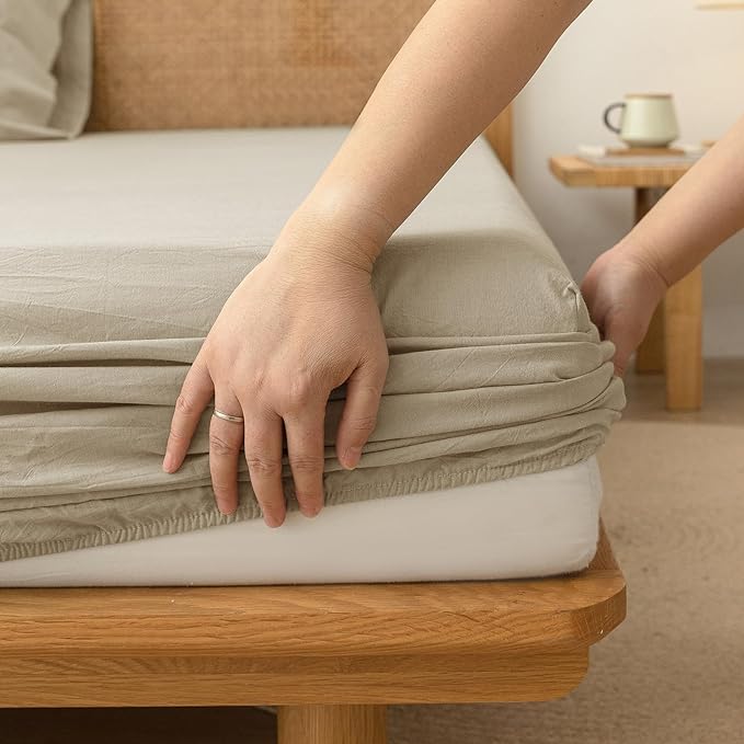BESTOUCH Sheet Set 100% Washed Cotton Linen Feel Super Soft Comfortable Chic Lightweight 4 Pcs Home Bedding Set Solid Almond Milk Grey King
