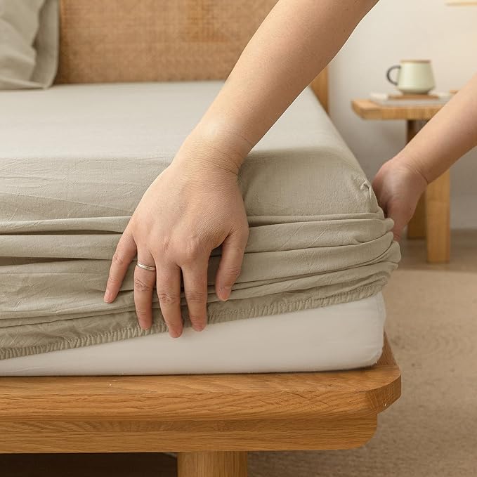 BESTOUCH Sheet Set 100% Washed Cotton Linen Feel Super Soft Comfortable Chic Lightweight 4 Pcs Home Bedding Set Solid Almond Milk Grey Queen