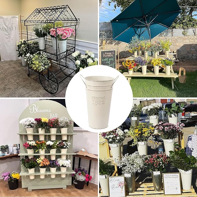 6 Packs 12 Inch & 10 Inch Galvanized Metal Flower Vases with Handles, Rustic French Metal Flower Buckets for Cut Flowers, Country Wedding, Table Centerpiece Decorations(Milky White)