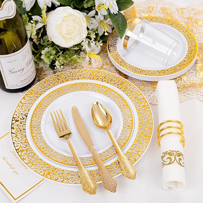 bUCLA 350PCS Gold Plastic Dinnerware Set for 50 Guests - Gold Plastic Plates Disposable for Party Include 50 Dinner / 50 Dessert Plates,50 Forks, 50 Knives, 50 Spoons,50 Cups,50 Napkins