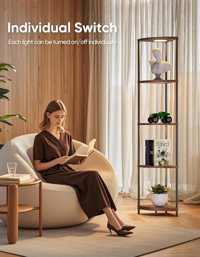 Corner Shelf with RGBCW LED Light, 64.5” Tall Floor Lamp Narrow Bookshelf Organizer, Standing Shelves with Metal Pole, Display Storage Rack for Wall Corner, Living Room, Bedroom, Office Décor, Brown