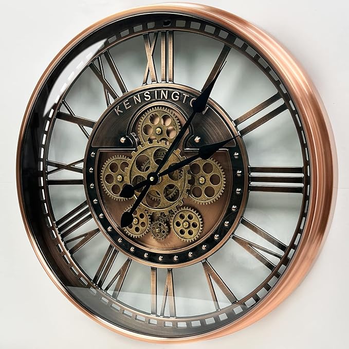 Real Moving Gears Wall Clock Large Modern Metal Clocks for Living Room Decor, Industrial Steampunk Unique Vintage Rustic Decorative Clock for Home Farmhouse Office, 27.6 Inch,Red Copper Roman