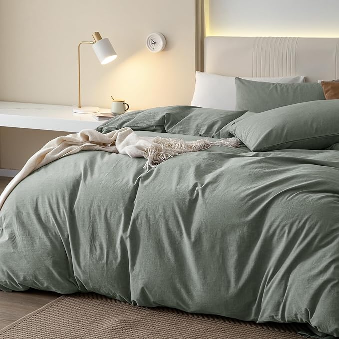 JIYUAN 100% Washed Cotton Duvet Cover Set 3 Pieces Cal King, 1 Duvet Cover 104x98 Inches(Comforter Not Included) and 2 Pillowcases,Linen Feel Bedding Set Comfy and Breathable, Heathered Green