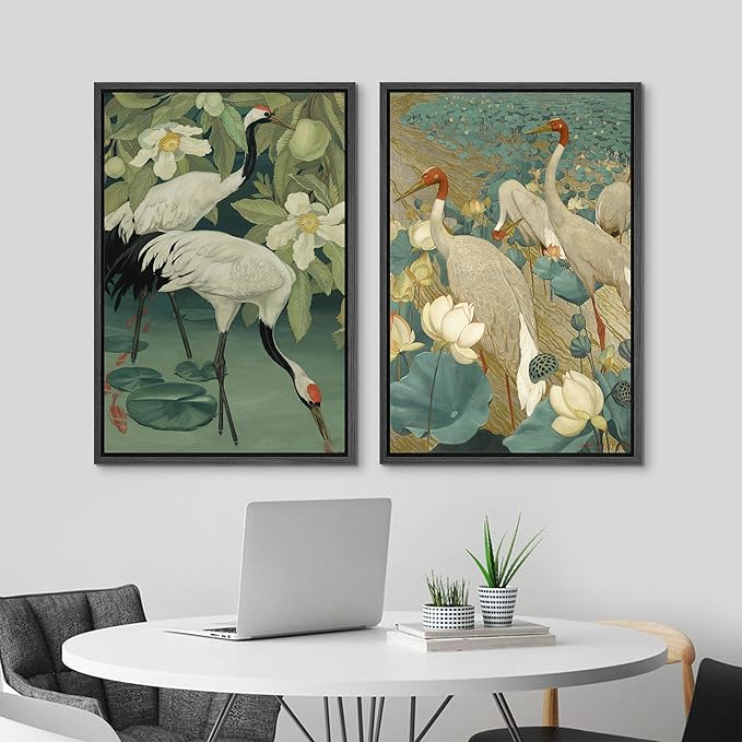 MUDECOR Framed Canvas Print Wall Art Elegant Cranes Among Lotus Flowers Nature Illustrations Modern Art Decorative Multicolor Minimalism for Bedroom - 24"x36"x2 Black