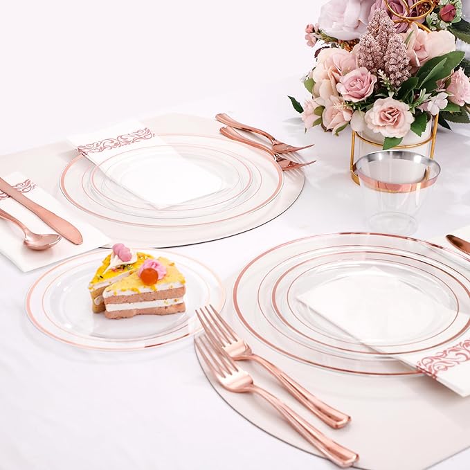 DaYammi 350Pcs Rose Gold Dinnerware Set Include: 50 Dinner Plates 10.25’’,50 Dessert Plates 7.5’’,50 Rose Gold Cutlery,50 Disposable Cups 9 OZ with 50 Napkins for Party