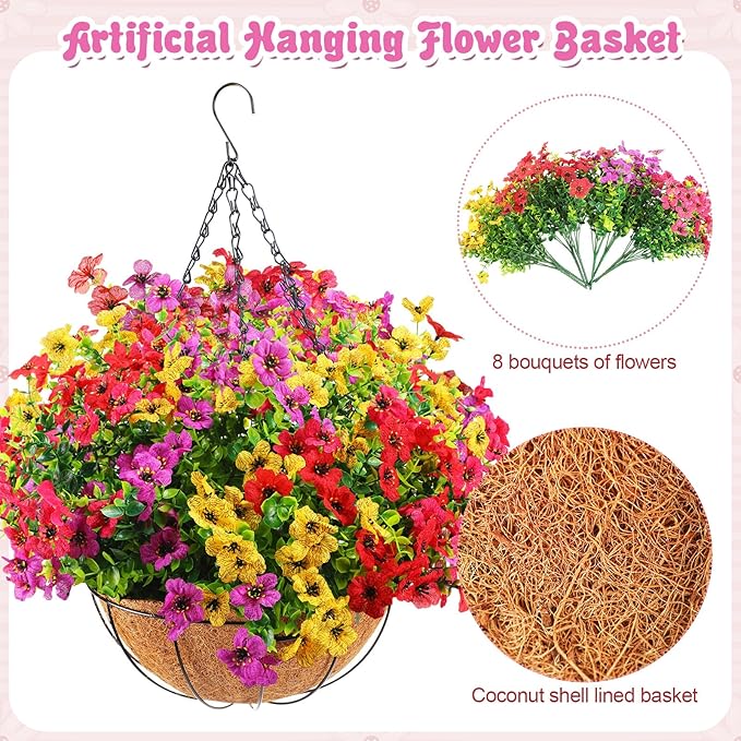 Lyrow 2 Pcs Artificial Hanging Flowers with Fake Basket Outdoor Realistic Hanging Plants with 12 Inch Coconut Lining Basket for Patio Lawn Garden Porch Decor (Mix)