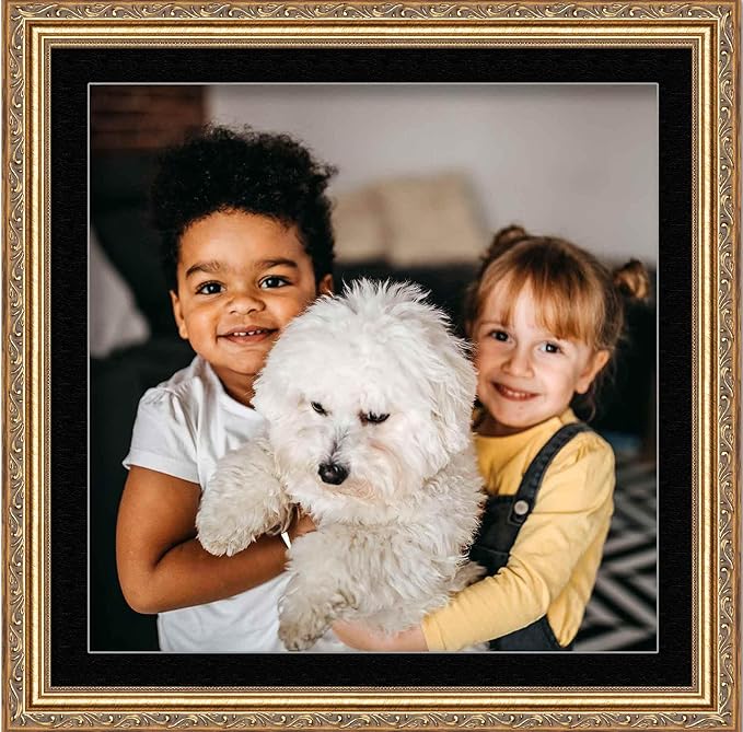11x11 Frame with Mat - Antique Gold 14x14 Frame Wood Made to Display Print or Poster Measuring 11 x 11 Inches with Black Photo Mat