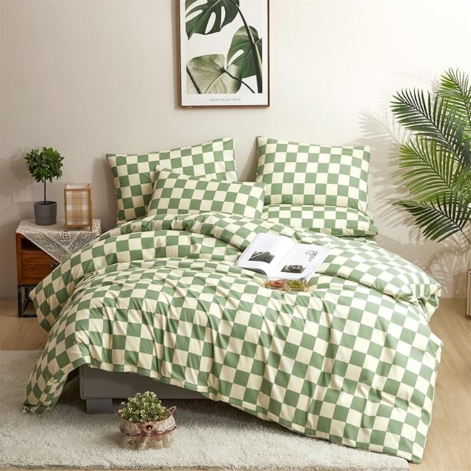 CLOTHKNOW Green White Plaid Comforter Set King 3Pcs Grid Bedding Comforter Sets All Season Checkerboard Comforter with 2 x Pillow Cases