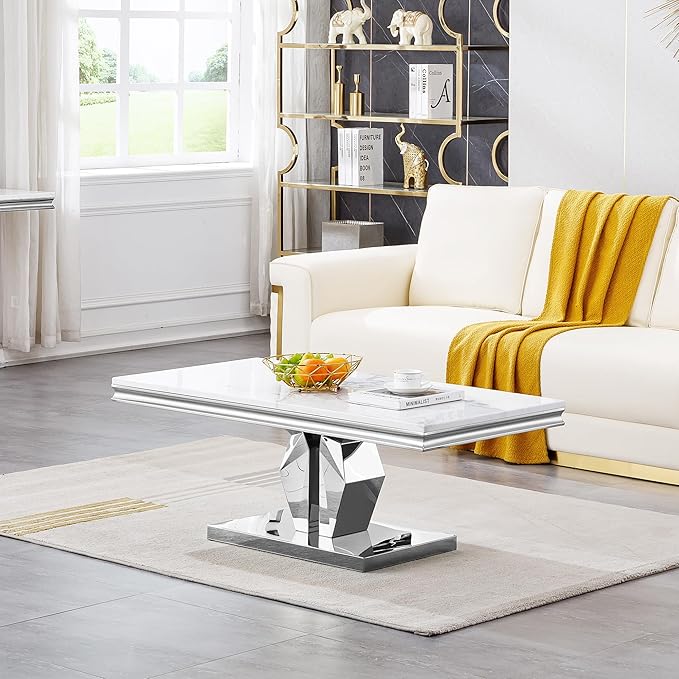 SSLine Rectangular Faux Marble Coffee Table for Living Room Modern Luxury White Marble Center Table with Silver Pedestal Base 46.8" Mid-Century Cocktail Table with Mirrored Stainless Steel Frame