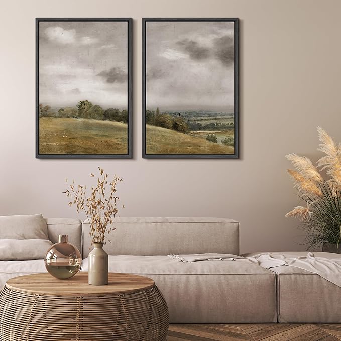 MUDECOR Framed Canvas Print Wall Art Gentle Hills and Distant Storm Tranquil Pastoral Nature Wilderness Illustrations Realism Decorative Scenic for Living Room, Bedroom, Office - 16"x24"x2 Black