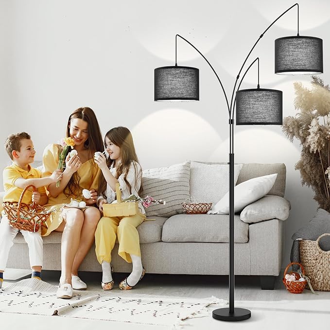 3 Lights Arc Floor Lamps for Living Room, Black Modern Tall Standing Lamp Hanging Over The Couch with Shades & Heavy Base,Mid Century Tree Floor Lamp for Bedroom Office