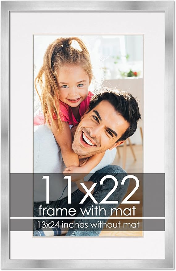 11x22 Frame with Mat - Silver 13x24 Frame Wood Made to Display Print or Poster Measuring 11 x 22 Inches with White Photo Mat