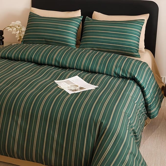 Luxlovery Striped Comforter Set King Men Dark Green Bedding Set Geometric Modern Stripe Pattern Blanket Quilts Durable Lightweight All Season 3PCS Comforter Set King Bed