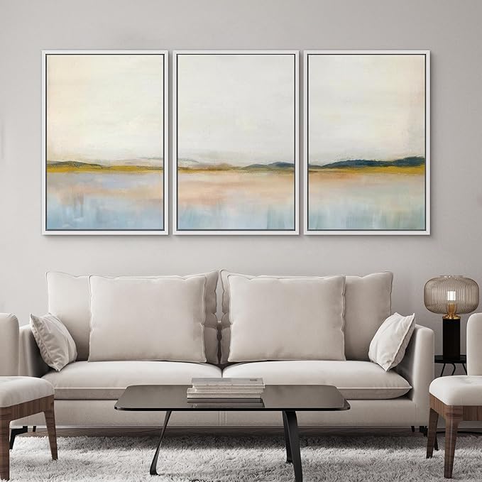 SIGNWIN Framed Canvas Print Wall Art Set Grunge Watercolor Pastel Lake Landscape Nature Abstract Illustrations Fine Art Decorative Nordic Rustic for Living Room, Bedroom, Office - 24"x36"x3 White