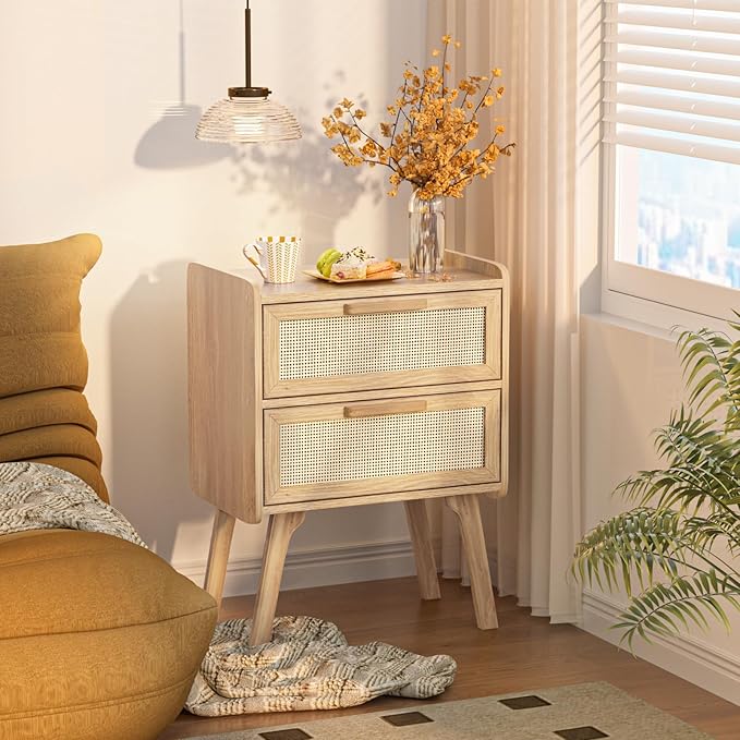 Lerliuo Rattan Nightstand, Boho Night Stand with 2 Drawers, Cane Accent Side End Table, Bedside Table with Solid Wood Legs for Bedroom, Dorm and Small Spaces (Natural)