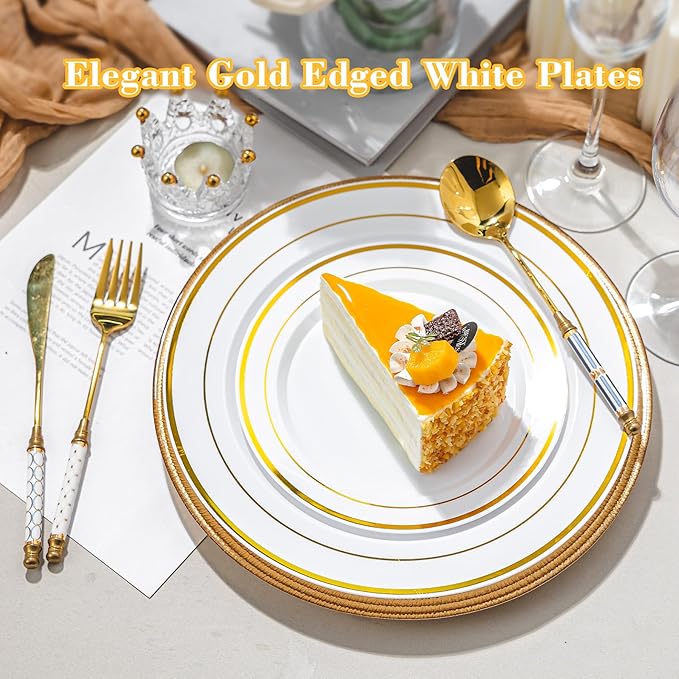 100PCS Gold Plastic Plates, Disposable Party Plates with Gold Rim, Include 50 Dinner Plate and 50 Elegant Dessert Plate for Party and Wedding