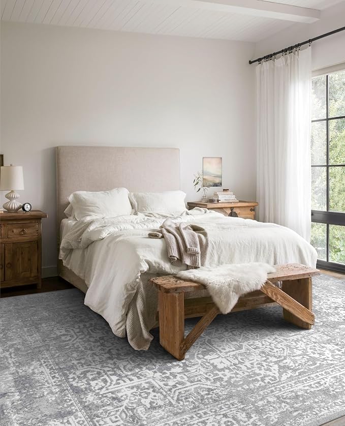 vivorug 9x12 Neutral Area Rugs, Stain Resistant Washable Rug for Living Room, Vintage-Inspired (Ivory/Silver, 9'x12')